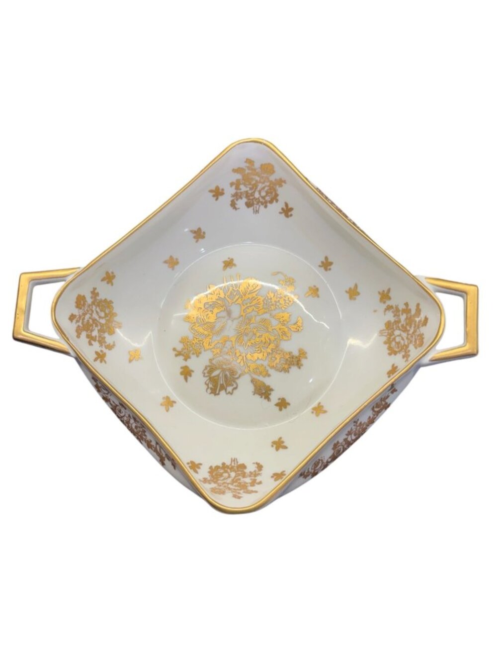 VTG French Porcelain Hand Painted Handled Serving Bowl Gold Gilt Floral